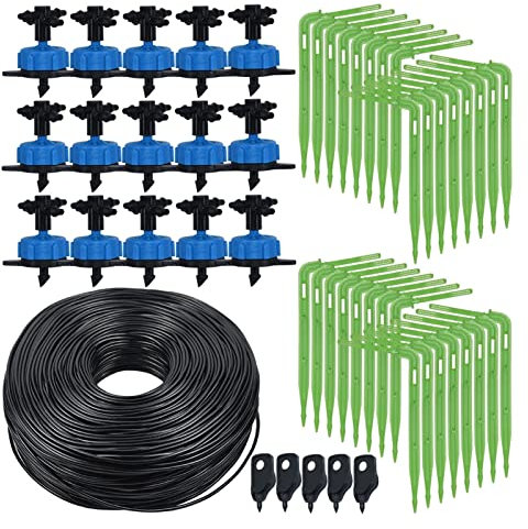 SYKIA Kit de riego por goteo 8L/H riego por goteo de 4 vías flecha curvada de 3/5 mm manguera sistema de riego de jardín gotero bonsái invernadero en maceta (color: KSL01-KIT362-4L-20M)