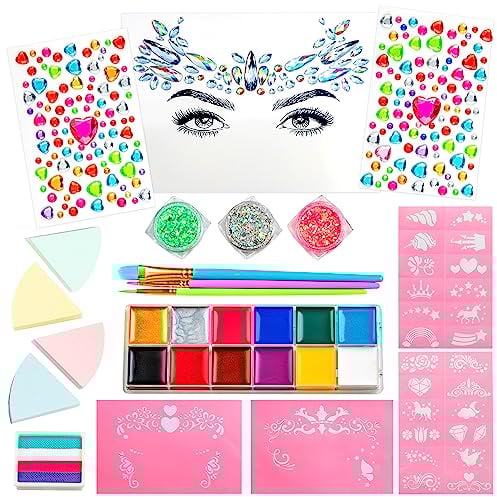GirlZone Kit de Pintura de Cara - Unicornios y Joyas, Pintura Facial para Niños, Pinceles para Pintar la Cara, Plantillas de Pintura Facial en 1 set de Pintura Facial para Niños
