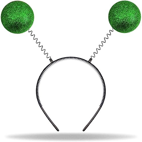 Hatstar Alien Haarreif in grün | Halloween Accessoire mit 2 runden schwingenden Kugeln | Glitzer Disco Bälle | für Karneval, Fasching Party | Stirnband für Damen, Herren & Kinder