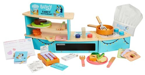 Bluey – Restaurante de Mesa – Juguete de rol de Madera de 32 Piezas con Cubiertos y Accesorios de Comida de simulación para niños – Material Certificado FSC – Divertido Kit imaginativo para 3 años en