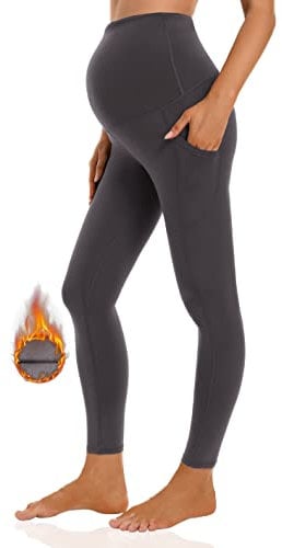 Foucome Legging de maternité doublé en polaire avec poches sur le ventre pour femme - Pantalon de yoga chaud pour l'hiver, gris, L