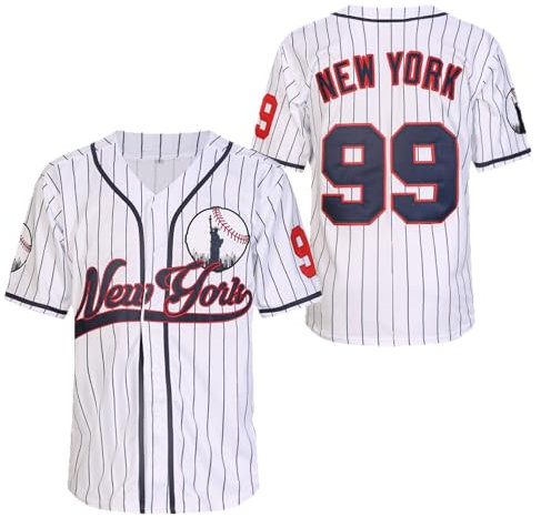 YIMCANLI Genähte New York 99 Baseball Trikots Shirts Hip Hop Button Down Herren Kleidung für Party Xmas Geschenk, Weiß Nadelstreifen, Mittel