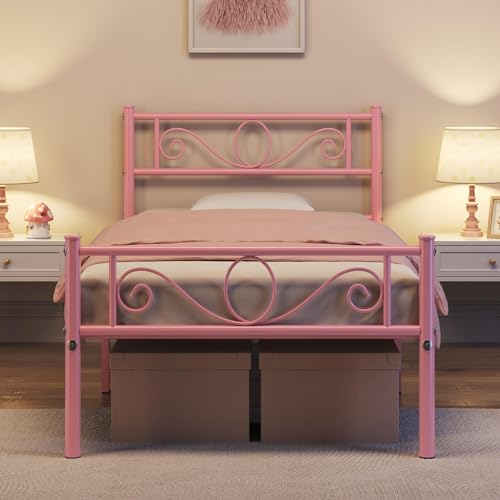 Yaheetech Bettrahmen 90 x 200 cm Metallbett mit Lattenrost Einzelbett Gästebett Jugendbett mit Kopfteil für Schlafzimmer Gästezimmer Hellrosa