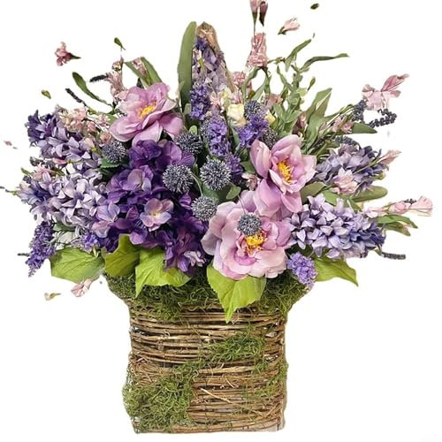 FUBESK Artificial Door Hanging Flowers, Wildflowers Door Hanging Basket Wreath for Front Door, Easter Wreath, Spring Wreath Welcome Sign Porch Farmhouse Artificial Flowers Wedding Home Decor