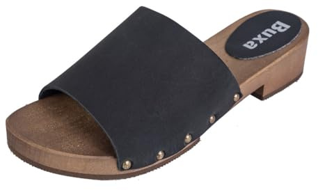 Buxa L40 Damen Clogs Leder Schuhe aus Holz, Holzclogs Pantolette, Holz Sohle (Schwarz, EU Schuhgrößensystem, Erwachsene, Damen, Numerisch, M, 37)