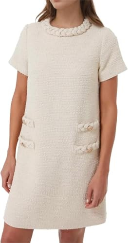 BUNSLOOM Damen Tweed Kleid Kurze Ärmel Crew Neck A-Linie Party Vintage Minikleid Causal Dresses