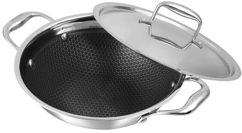 Vinod Platinum SAS Pro Triply Stainless Steel Extra Deep Kadai with Lid, 5.5L, 30cm | Hybrid Non-Stick Hexa Wok | Induction Compatible | Sturdy Handles | Deep Frying & Curry Pan - Silver