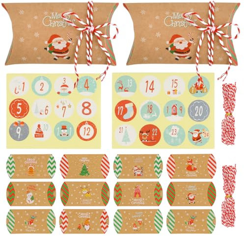 Weihnachten Süßigkeiten Karton 24 Stück Kraftpapier Süßigkeiten Karton Kissenschachtel Geschenkbox Kraftpapier Kissen-Form Geschenkboxen mit Aufklebern für Weihnachten, Süßigkeiten, Nuss, Hochzeit