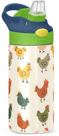 Kinder-Wasserflasche mit Strohhalm, 350 ml, Hühnerfarm-Farbe, Edelstahl, isoliert, Kleinkindbecher, auslaufsicher, für Jungen, heiß und kalt, BPA-frei