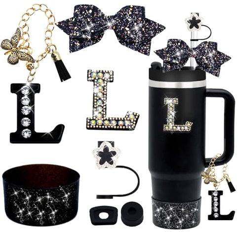 7PCS Black Stanley Cup Accessories Set For Stanley Cup 30oz 40oz,Including diamond Straw Topper,Letter Charm,Bling Bow,Initials Sticker,Spill Proof Stopper,Silicone Boot(Black L)