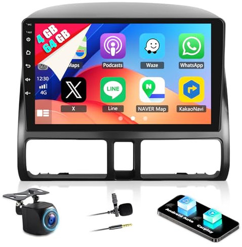 4G+64G Car Stereo for Honda CRV 2001-2006 with Carplay Android Auto Sat Nav,9 Inch Android 13 Stereo with Bluetooth WIFI HIFI Mirror Link Radio FM/RDS + Rear View Camera