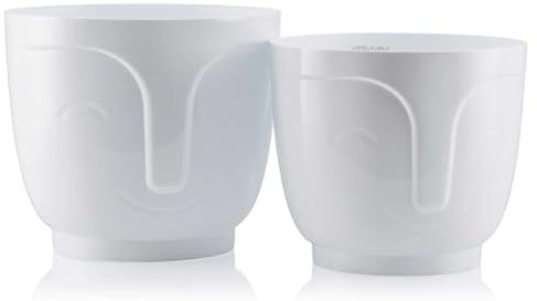 HowHomely Lot de 2 pots de fleurs en plastique - Blanc - 16 x 18,5 x 18,5 cm - 14,3 x 16,5 x 16,5 cm - Décoration - Cache-pot avec visage souriant pour décoration du salon