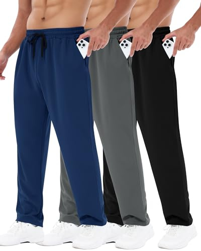 3 Pack Mens Sweatpants with Pockets - Mesh Open Bottom Athletic Joggers for Men Loose Fit Gym Workout Running Casual Pants