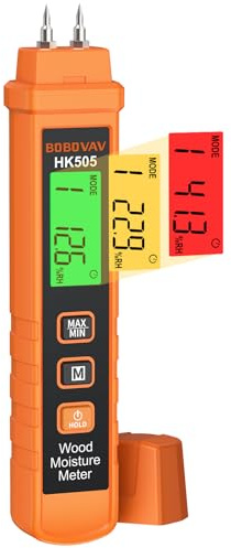 BOBOVAV Feuchtigkeitsmessgerät, Feuchtigkeitsmesser für Holz Baustoffe Wand, Tragbares Pins-Holzfeuchtemessgerät mit LCD-Display 3-Farben, 2 Modi, 7 Kalibrierungsskalen Feuchtigkeits-detector