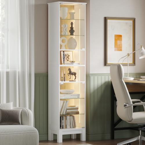 ZKIODV 180cm Vitrina de Cristal LED, Estrecha Armario Vitrina con 8 Estantes, Puerta de Vidrio Templado, Balda Ajustable y Desmontable, Moderna Vitrina para Salón Baño (Blanco)