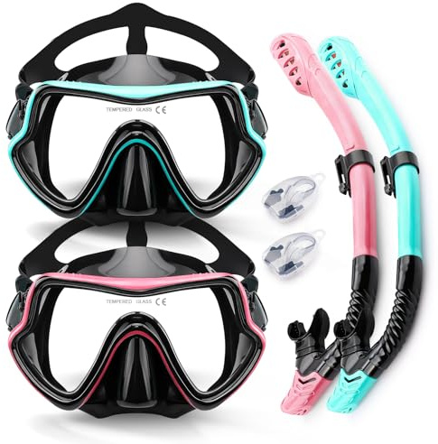 Vogista Dry Top Snorkel Set Adults, 5-in-1 Snorkeling Gear for Adults with Anti-Fog and Anti-Leak Tempered Glass, Snorkel Set with 180° Panoramic Wide View Scuba Mask Diving Goggles - 2 Pack