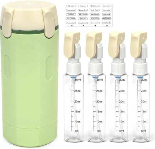 4 in 1 Reisespender Zum Befüllen Grün, Refillable Travel Bottle Dispenser mit Skala und Etiketten, Tragbare Reise Pumpflasche Auslaufsicher Nachfüllbare Reiseflaschen für Shampoo Lotion Conditioner