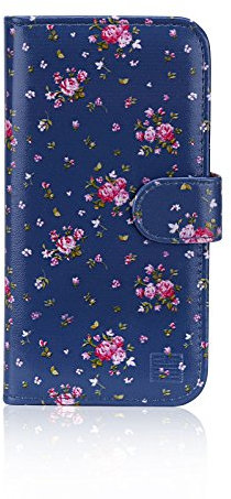 32nd Floral Series - Design PU Leather Book Wallet Case Cover for Apple iPhone X & iPhone XS, Designer Flower Pattern Wallet Style Flip Case With Card Slots - Vintage Rose Indigo