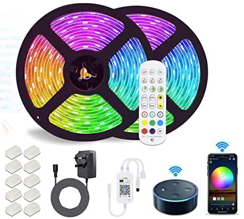10M Alexa LED Strip Lights with Remote Waterproof WiFi RGB Colors Changing Smart Led Light Strips Music Sync APP Control Work with Alexa Strips Light for Bedrooms Bar Birthday Party(2x5m)