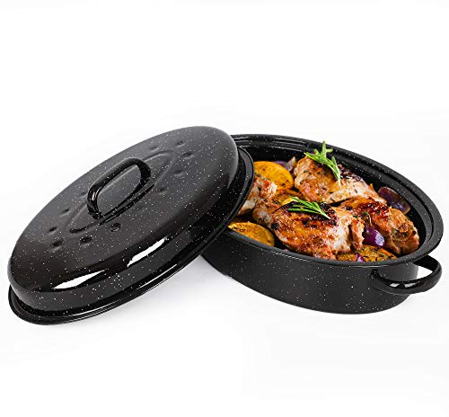 VonShef Enamel Roaster with Lid - Self-Basting, Deep Oval, Non-Stick Black Steel Oven Roasting Tin Heats up to 230°C for Stews, Casseroles & Roast Dinners - Gas/Electric, Easy Clean - 38cm