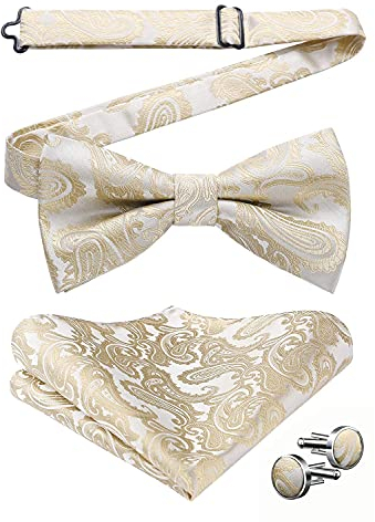 HISDERN Fliege Beige Herren Paisley Fliegen und Einstecktuch mit Manschettenknöpfe Set Verstellbare Fliege Taschentuch für Hochzeit Party Weihnachten,Beige