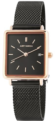 Eckige Damenuhr Gold Silber Schwarz | Armbanduhr Damen eckiges Zifferblatt elegant | Damenarmbanduhr eckig Quarz – Girls Watch Geschenk Frauen (Schwarz/Rosegold)