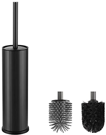 BVL WC Bürsten Halter Schwarz Matt, Metall Toilettenbürste Inklusive 2 Bürstenköpfe, Freistehende Quadratisch Silikon Toilettenbürste für das Badezimmer