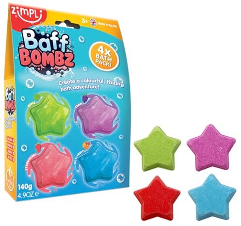 Zimpli Kids 4 x Star Baff Bombz, Natural Handcrafted Bath Bombs Gift Set for Children, Birthday Presents for Boys & Girls, Bath Toy, Bath Bomb Making Kit, Spa Fizzies, Goody Bag Fillers for Kids