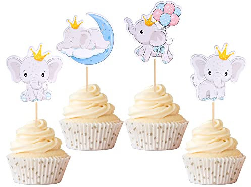Xsstarmi 36 Pack Baby Elephant Cupcake Toppers Glitter Boy or Girl Moon Crown Balloon Elephant Cupcake Picks Gender Reveal Cake Decorations for Baby Shower Birthday Party Supplies Blue