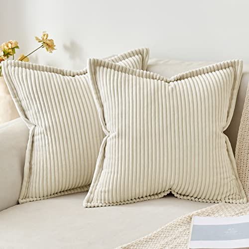 MIULEE Kordsamt Kissenbezug Weiche Kissenhülle Dekorative Sofakissen Quadratische Dekokissen Moderne Zierkissenbezug Gestreifte Kissenbezüge für Schlafzimmer 2 Stück 40x40 cm, Creme