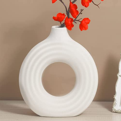 Arawat Donut Vase für Pampasgras Deko Wohnzimmer Modern Weiß Donut Vasen Dekorative Aesthetic Vase Blumenvase Keramik Tulpenvase Geschenk Deko Modern Vase Nordische 23x20x6.5cm Vase Weiß Matt