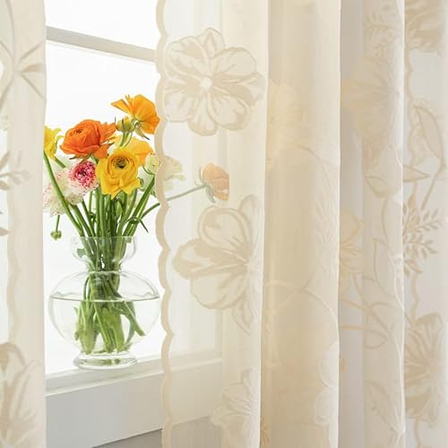 Treatmentex Cortinas Traslúsidas Florales de Encaje para Ventana de Dormitorio, Moderno Decorativos Suaves, con 8 Ojales 2 Piezas, Beige,140X245CM