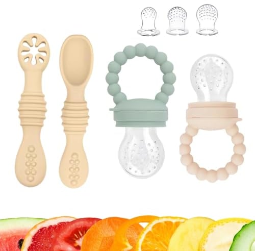 Cuillere bebe 1er age et 2eme age et grignoteuse bebe avec anneau de dentition integre | coffret cuiller apprentissage et tetine a fruits | Diversification alimentaire en toute securite de 4 a 24 mois