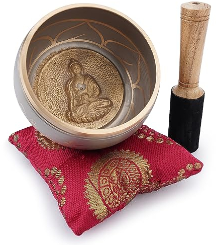 Ajuny Tibetan Singing Bowl Set - Handcrafted Meditation Brass Sound Bowl with Stick and Cushion for Yoga, Chakra Healing, Mindfulness and Stress Relief Spiritual Gifts - Beige