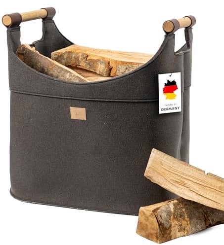 Filz Holzkorb für Kaminholz Groß [70 L] mit Echtholzhenkeln (Eiche) Plegeleichter Boden - Made in Germany - Kaminholzkorb XXL - Brennholzkorb standfest aus Recycling Filz easy and green®