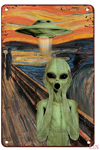 fmrsok UFO Blechschild mit Aufschrift Alien Screaming, schicke Kunst, Wanddekoration, lustiges Eisenschild, Geschenk für Zimmer, Bar, Büro, 20,3 x 30,5 cm