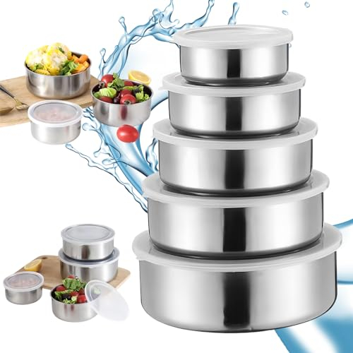 MEGYAD Lot de 5 Bols à Mélanger: Bol Acier Inoxydable avec Couvercles Hermétiques 5 Tailles Empilable, Saladiers Cul de Poule Inox pour le Stockage et le Mélange et Lavables au Lave-vaisselle
