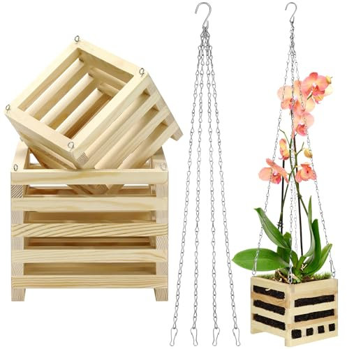 Bucherry Orchideenkorb aus Holz, 15,2 cm, mit Aufhängern, rustikaler Holz-Pflanzgefäß zum Aufhängen, quadratischer Korb für Innen- und Außenbereich, Blumen-Pflanzgefäß mit 50,8 cm Aufhängerkette (2