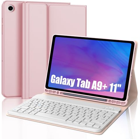 SENGBIRCH Coque Clavier pour Samsung Galaxy Tab A9+ 11'' - AZERTY Français Clavier Détachable sans Fil Bluetooth pour Galaxy Tab A9+ 11 Pouces 2023, Rose Clair