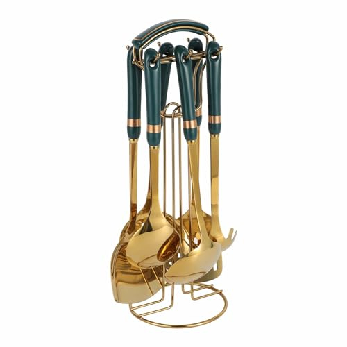 Posh Luxe Green Ceramic & Gold Utensil Set - 7-Piece Kitchen Tool Set with Carousel | Heat-Resistant, Dishwasher Safe, Hygienic Design