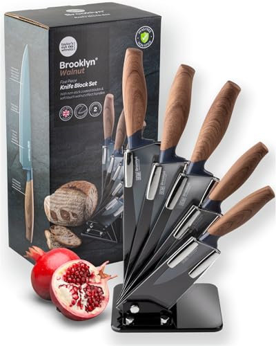 Taylors Eye Witness 6pce Kitchen Knife Block Set - 5 Knives Sat in an Acrylic Holder. Paring, All Purpose Veg, Carving, Bread & Chef’s Knives. Soft Touch Walnut Wood Effect Handles. 2 Year Guarantee