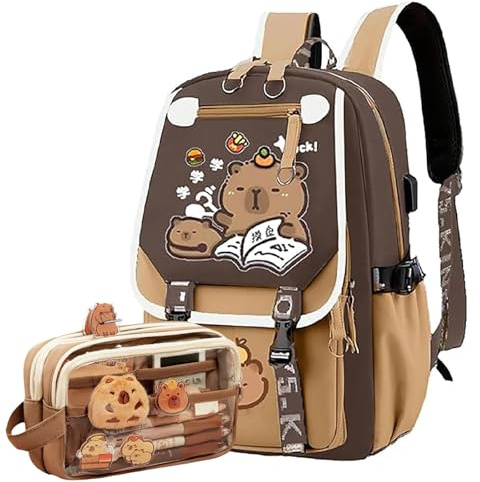 Generisch Capybara Rucksäcke, Rucksack für Die Schule Kawaii, Niedlicher Capybara-Schulrucksack mit Capybara-Federmäppchen, Schulrucksack Teenager
