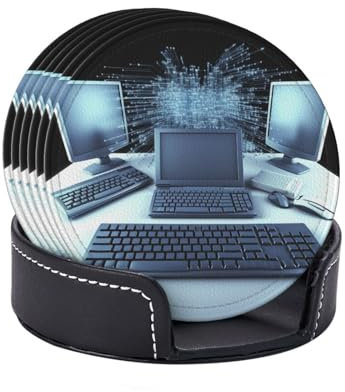 Computer- und Internet-Untersetzer, 6er-Set, Leder-Untersetzer für Getränke, saugfähige Getränkeuntersetzer mit Halter, Tassenmatte für Tischschutz, Tassenuntersetzer für Couchtisch-Untersetzer,