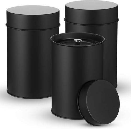 MoFarbe 3PCS Metal Tea Tin Canister with Airtight Double Lids 16 oz Round Tin Can with Lid Double Sealed Small Kitchen Container for Loose Tea Storage Coffee Sugar Candy Herbs and Spices (Black)
