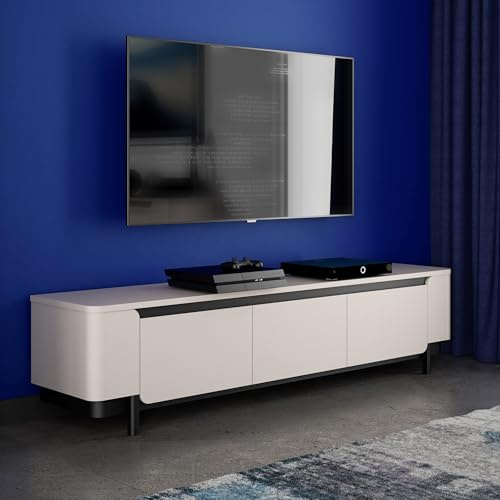 Forte VODOL TV-Schrank 200 205, modernes Lowboard mit 3 Türen und abgerundetem Eckendesign, Holzwerkstoff, Kaschmir|Beige, 204,9 cm breit x 49,1 cm hoch x 44,8 cm tief