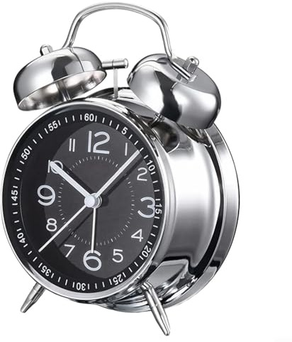 Mechanischer Wecker aus Metall mit Doppelglocke mit nicht tickendem leisem Uhrwerk für schwere Schläfer, Erwachsene, Jugendliche & ältere Menschen – Nachttisch-Dekoruhr, 6,50 x 4,53 (schwarz)