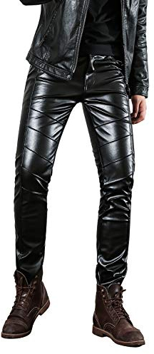 Idopy Herren Slim Fit Soft PU Faux Leder Biker Hose Trachtenlederhose Trachtenlederhose Lederhosen, 32W, Schwarz