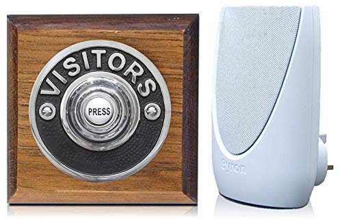 Byron 100m Wireless Period Plug-in Doorbell kit Push on Plinth (Tudor Visitor Chrome)