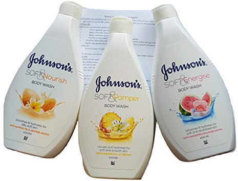 Johnson's Soft Body Wash Bouteilles de 400 ml 3 saveurs excellentes pour prendre soin de votre corps et donner de l'énergie avec une feuille de conseils de beauté exclusive de Kingdom Supplies
