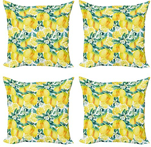 ABAKUHAUS Modern Dekokissen Kissenbezug 4er Pack, Branchen Zitrone Citrus, Modern Accent Doppelseitiger Digitaldruck, 50 x 50 cm, Grün und Gelb